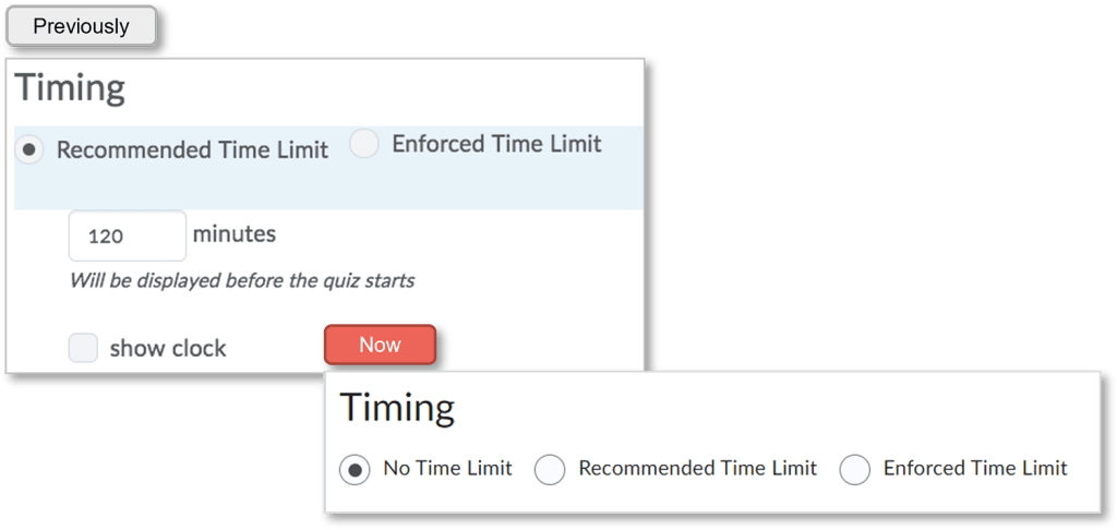 Image compares manage time in Quiz before and after the changes.