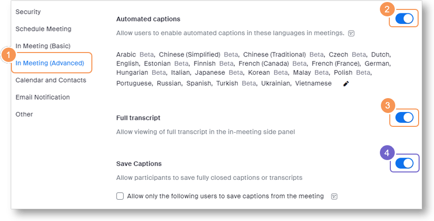 a screenshot of some options when enabling automated captions in Zoom