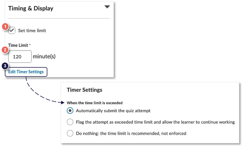 a screenshot of steps on how to enable quiz timer