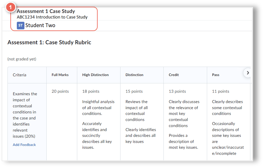 screenshot shows student names and assessment details appeared in rubric marking