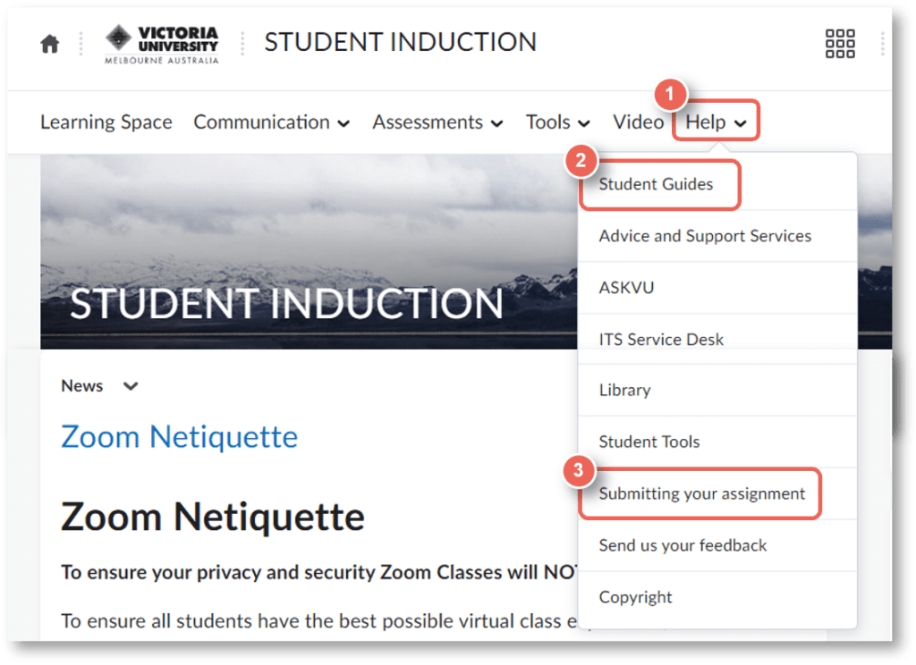 screenshot of steps to access student guides from a student perspective